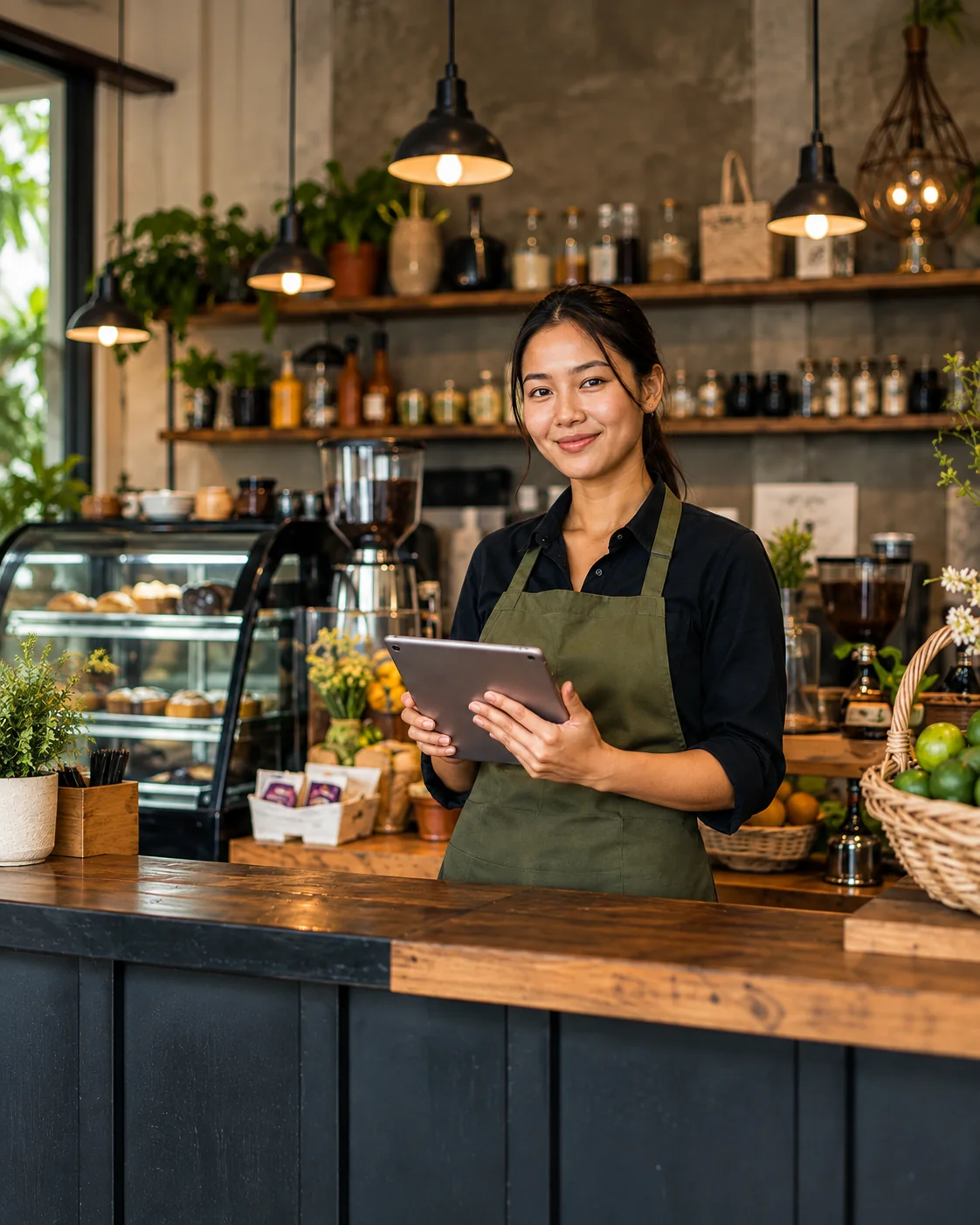 Shop owner holding a tablet in a café